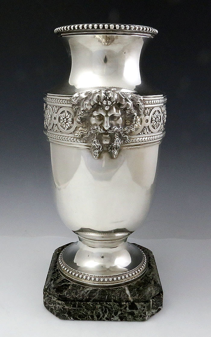 antique French silver vase with faces